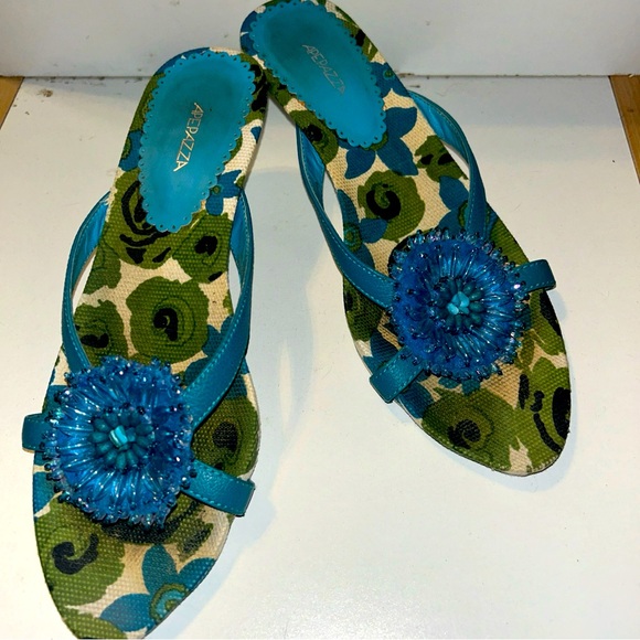 Apepazza Sandals Size 37 Kitten Heel Aqua Blue Beaded Flower Italy Beach Summer - Picture 1 of 6